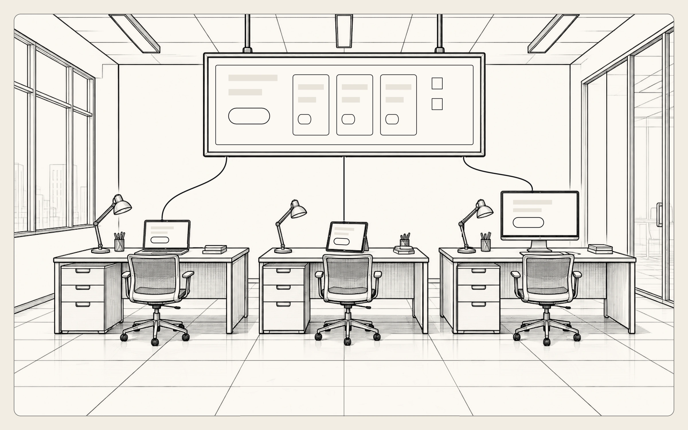 One shared component board hangs above three desks, with a separate line down to each of a laptop, a tablet and a monitor, all showing the same button.