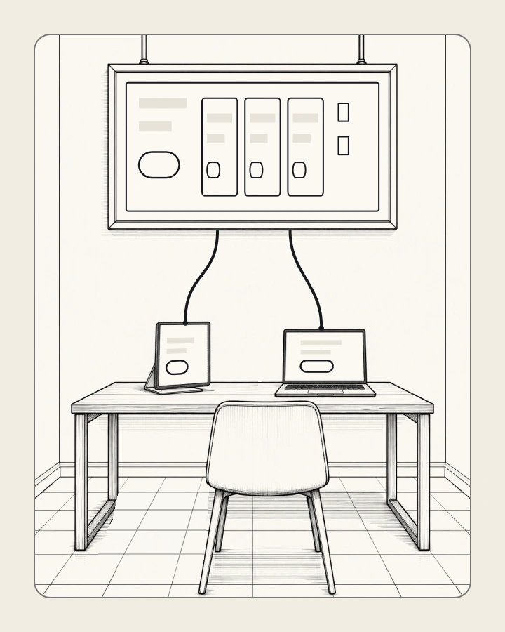 One shared component board hangs above a desk, with a separate line down to a tablet and to a laptop, both showing the same button.
