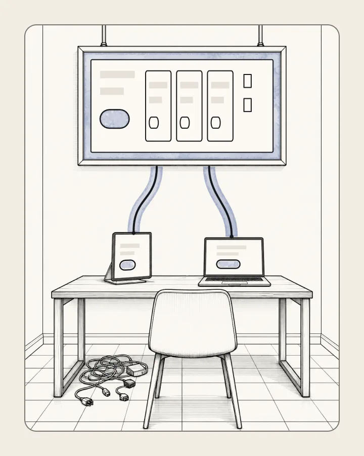 One shared component board hangs above a desk, with a separate line down to a tablet and to a laptop, both showing the same button. The old cables lie unplugged on the floor.