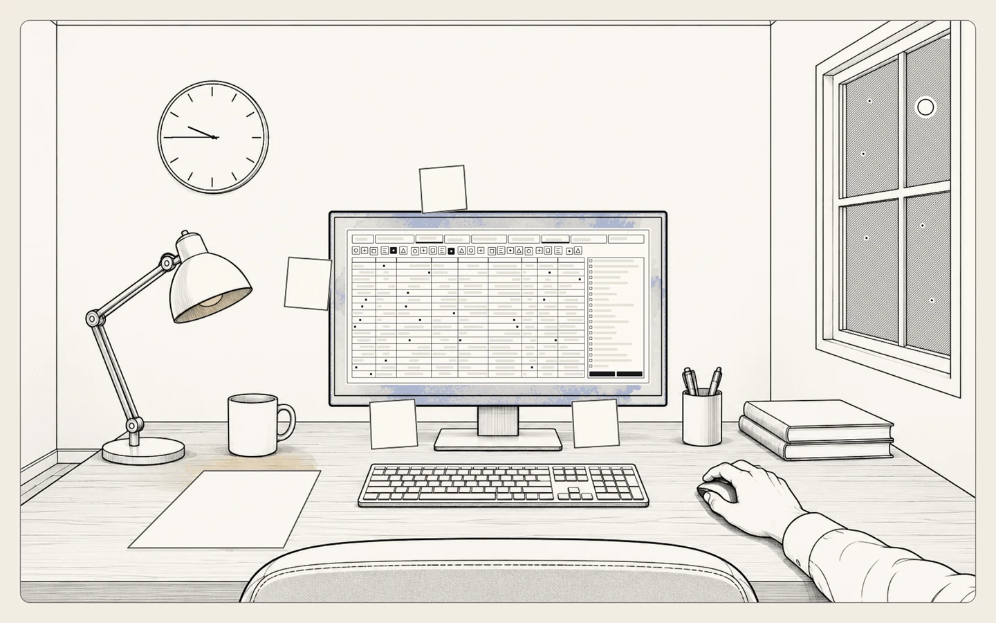 Late at night, by lamplight, a worker's monitor shows a cluttered screen ringed with sticky notes, with a cheat sheet on the desk and the clock near 9:45. Then the same desk in afternoon light, at about 3:30: the screen is clean and organised and the notes are gone.