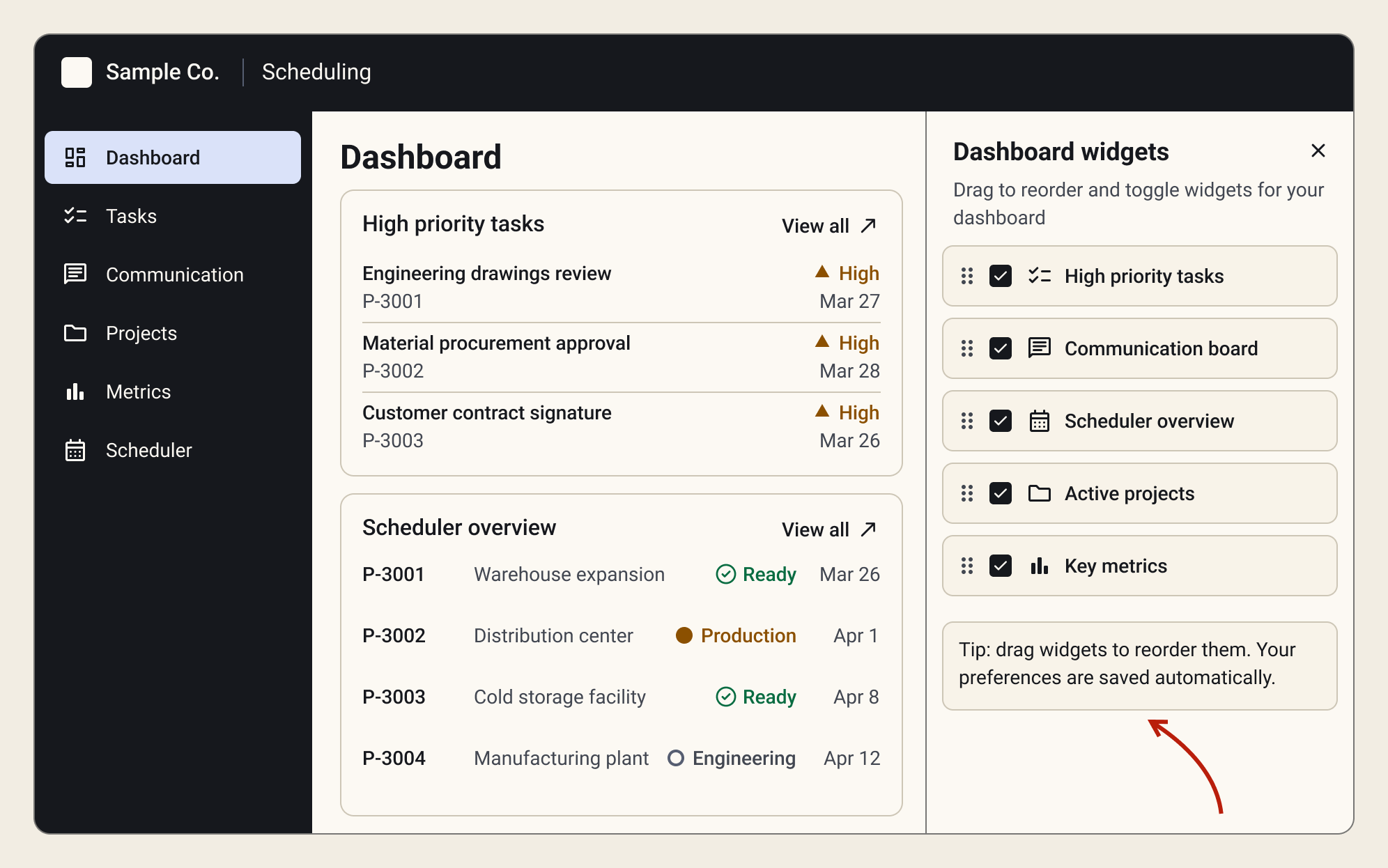 The refined dashboard, with a Projects link in the menu and a side panel to show, hide and reorder its widgets.