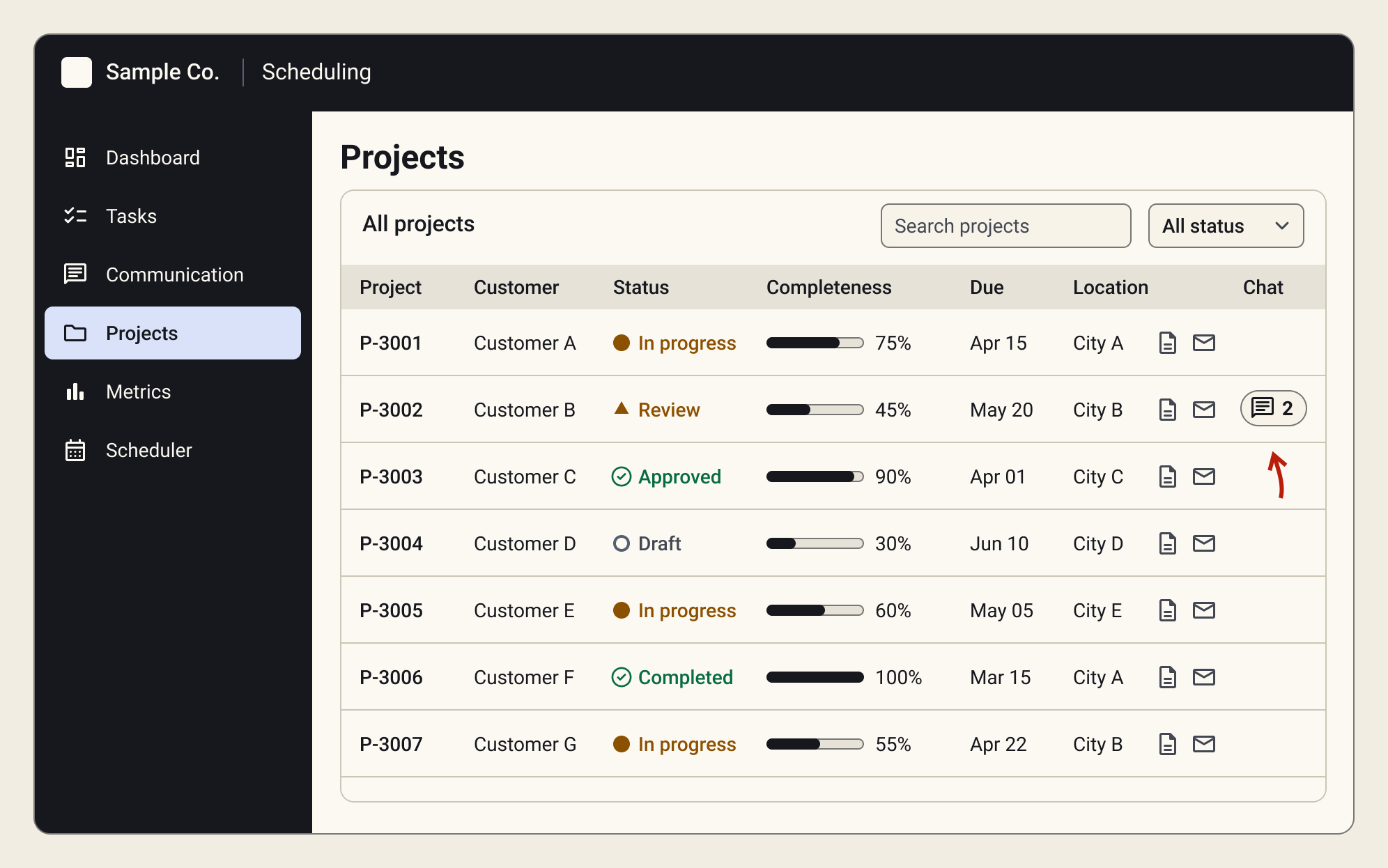 Projects page, with system messages shown inside each project.