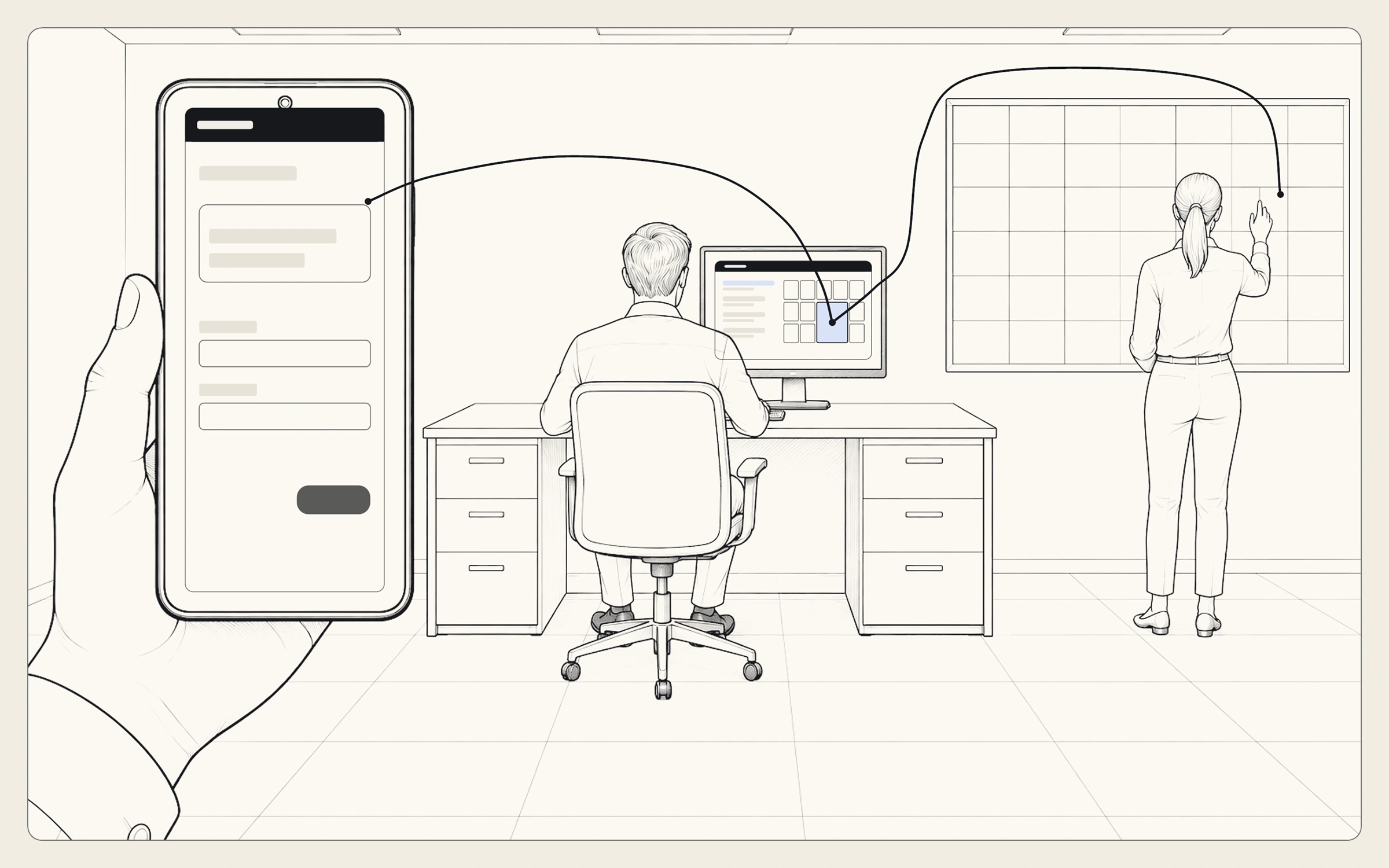 A sales request on a phone in the foreground travels along one line to the project manager's monitor, where it lands on the schedule. From there the line runs to the wall board, where the scheduler presses her hand on the matching square.