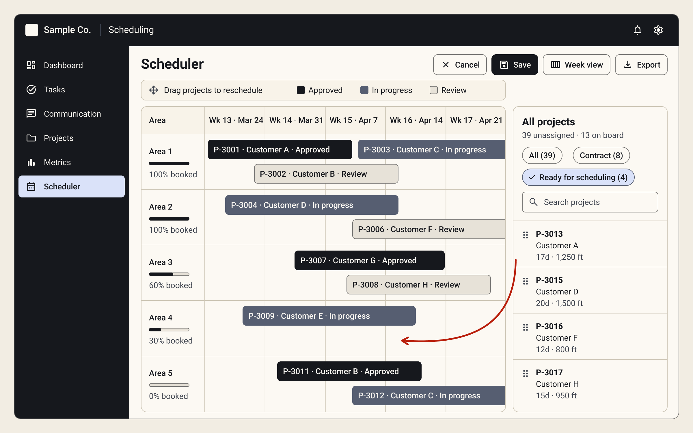 The visual scheduler, where projects are dragged and dropped onto the schedule.