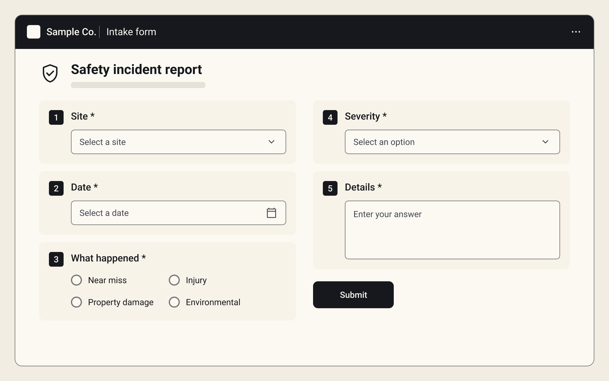Safety incident intake form with fields for site, date, and what happened.