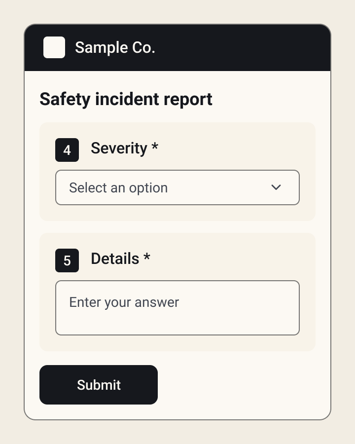 Safety incident intake form: a severity dropdown, a details box, and a Submit button.