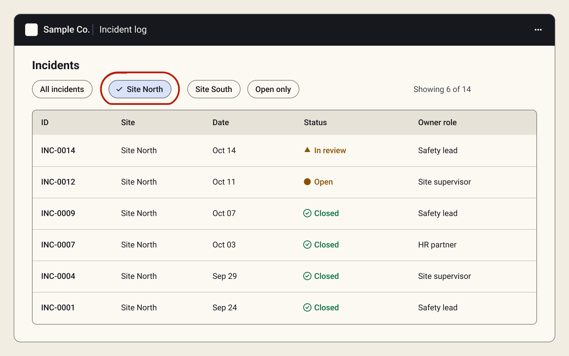 Incident list in a filtered view, showing one group of records.