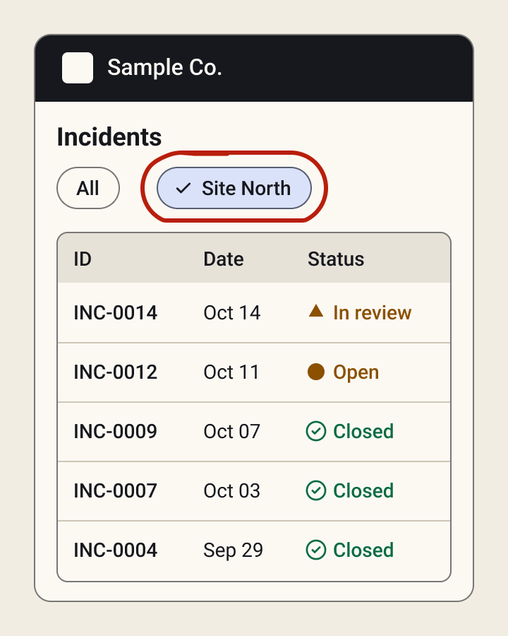 Incident list in a filtered view, showing one group of records.