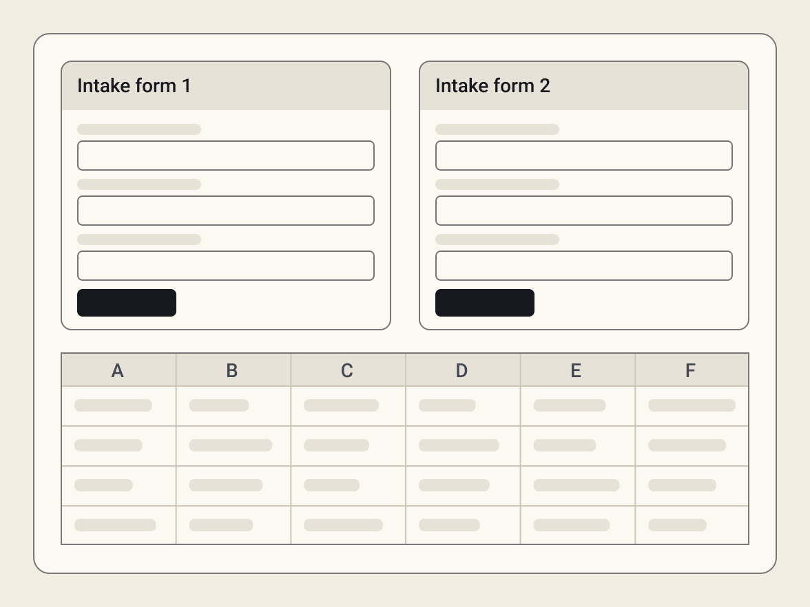 Two separate intake forms and a spreadsheet.