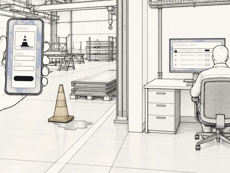 On a factory floor, a hand holds up a phone showing an incident form, next to a traffic cone and a spill. In the office next door, a person at a desk sees the new incident at the top of a list.