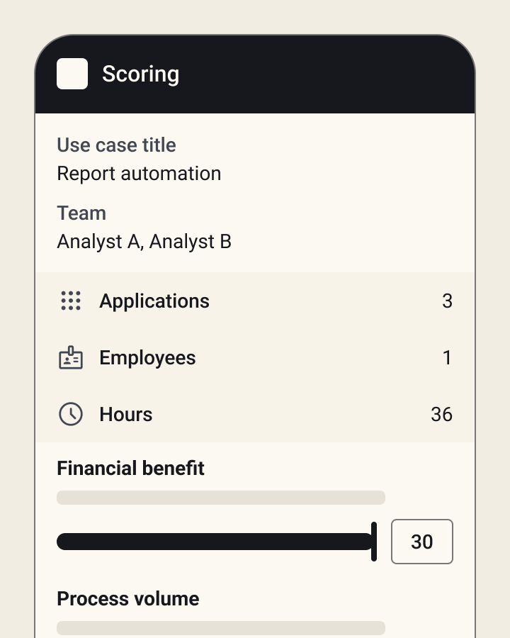 The top of the scoring screen: the submission's title and team, its applications, employees, and hours, and the first scoring slider.