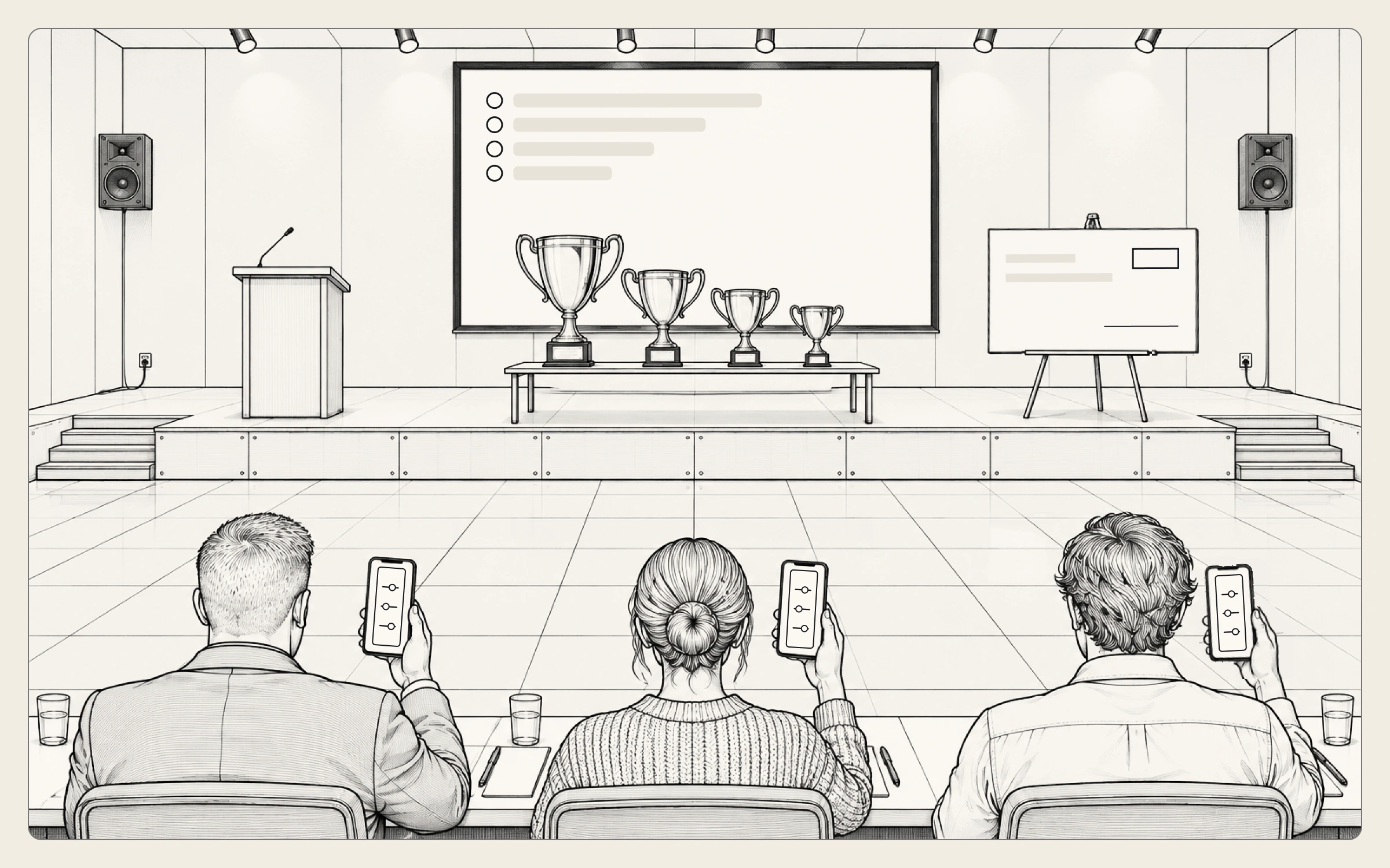 From the back of the room, three judges score on their phones while a ranked list is already up on the stage screen, with four trophies and a big check waiting on stage.