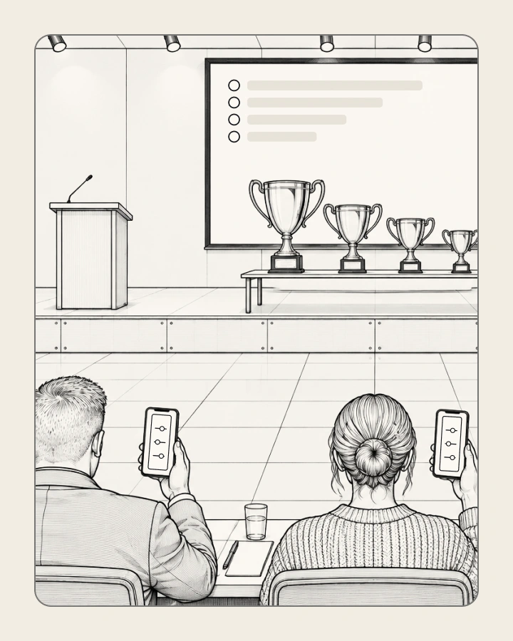 From the back of the room, two judges score on their phones while a ranked list is already up on the stage screen and four trophies wait on stage.
