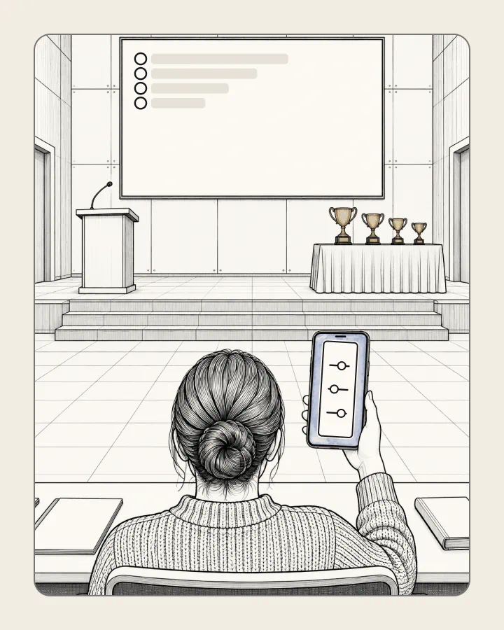 From the back of the room, a judge scores on a phone while a ranked list is already up on the stage screen and four trophies wait on stage.