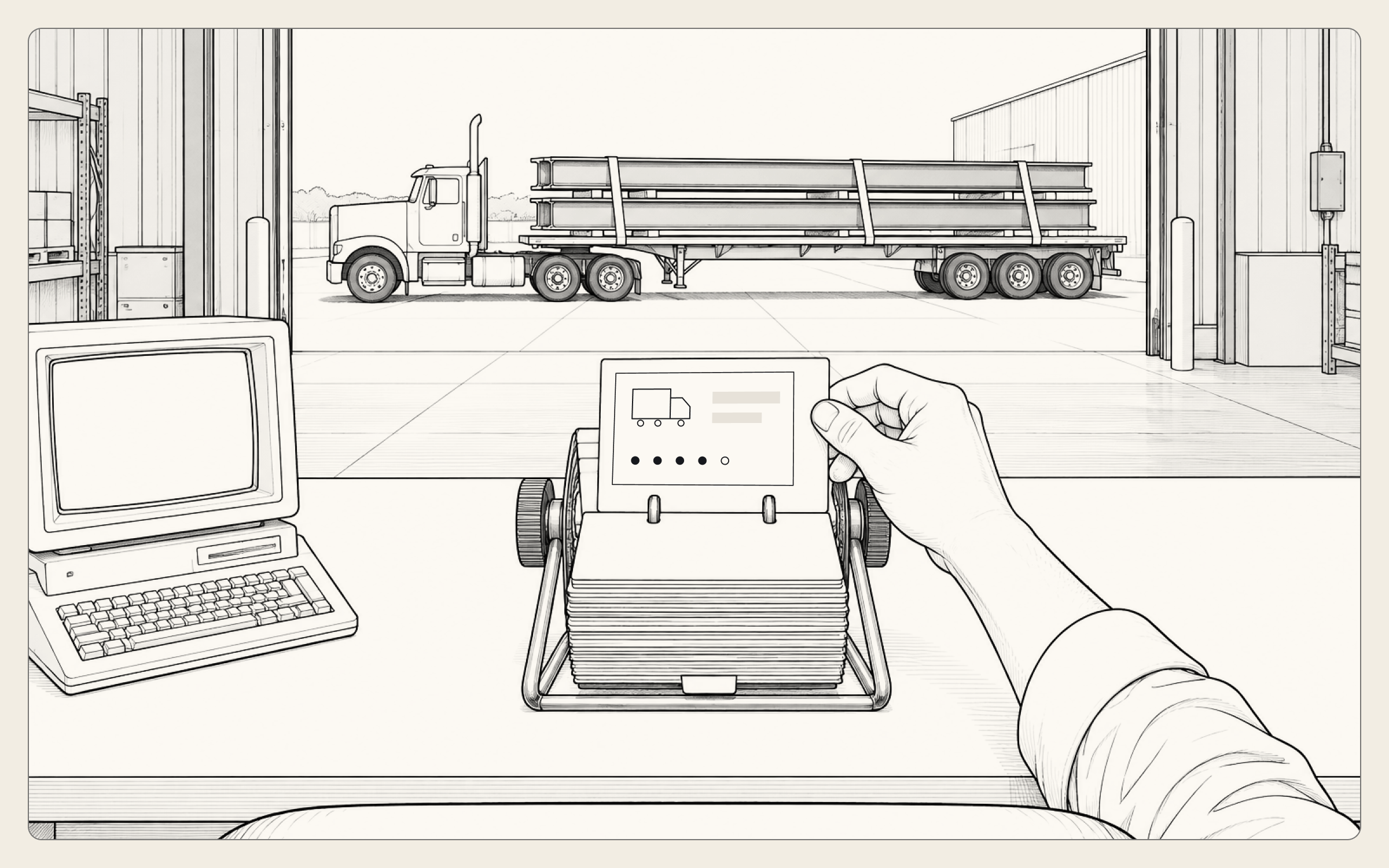 A shipping planner's hand pulls one carrier card, with a truck icon and a rating, from a desk card file, while an old computer terminal sits off to the side. Through the open dock door, a flatbed truck waits with a load of steel beams.