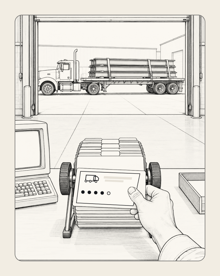 A shipping planner's hand pulls one carrier card, with a truck icon and a rating, from a desk card file, while an old computer terminal sits off to the side. Through the open dock door, a flatbed truck waits with a load of steel beams.