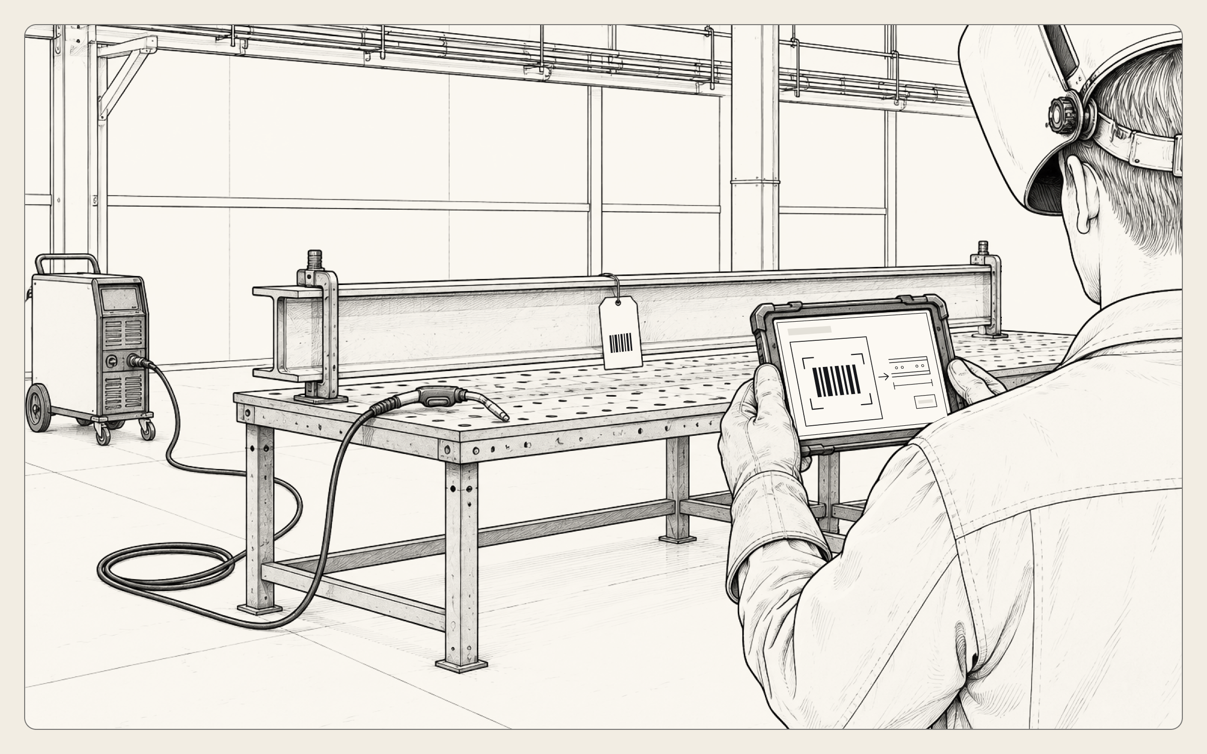 A welder, seen from behind, holds up a tablet that has scanned the barcode tag on a steel beam and shows the part's drawing. The beam is clamped to a welding table, with the welding gun beside it.