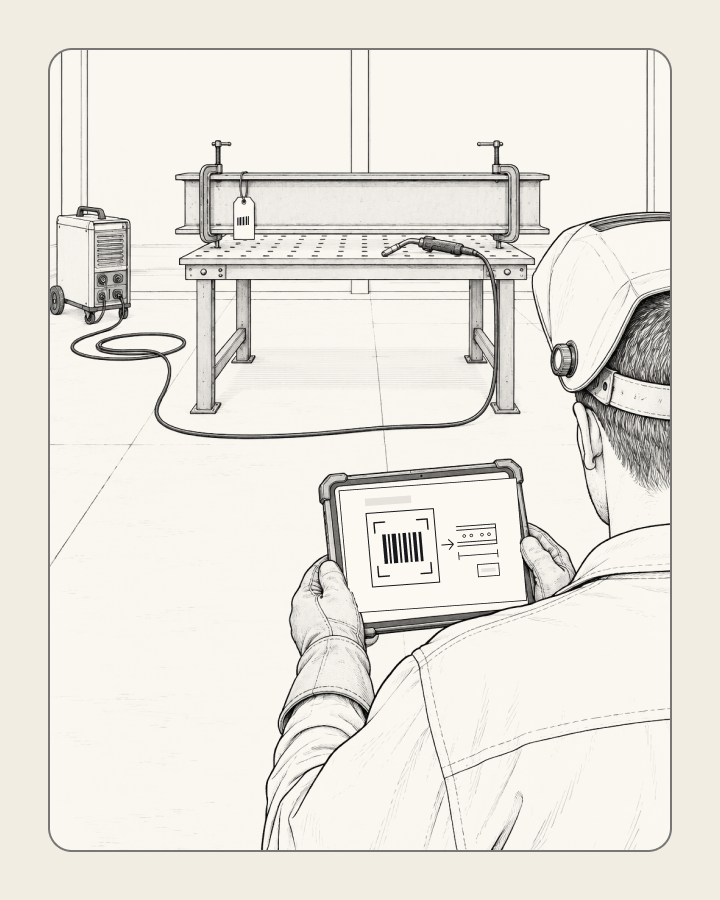 A welder, seen from behind, holds up a tablet that has scanned the barcode tag on a steel beam and shows the part's drawing. The beam is clamped to a welding table, with the welding gun beside it.