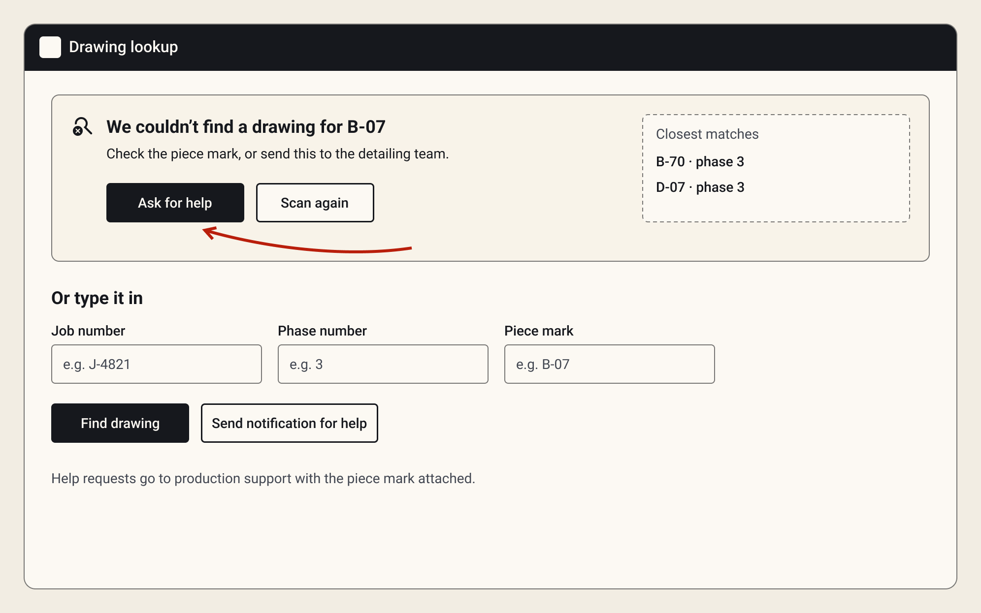 Fallback screen: manual entry fields and a help button for when a scan fails.