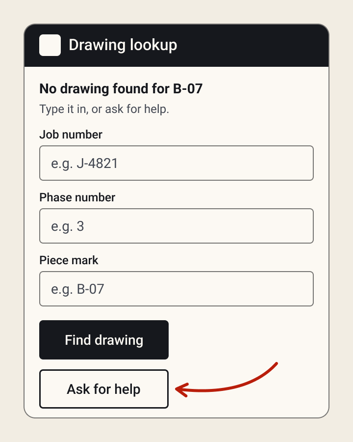 Fallback screen: manual entry fields and a help button for when a scan fails.