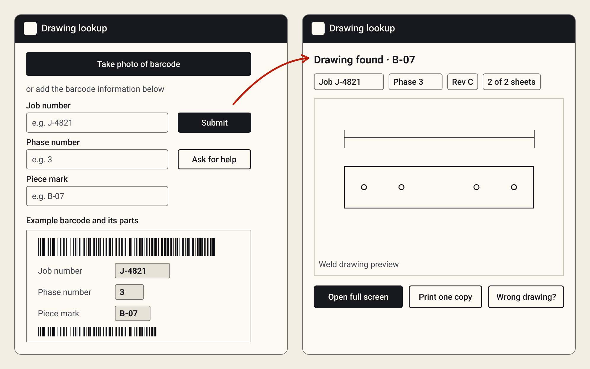 Scan flow: a welder scans a part's barcode and the matching drawing opens.