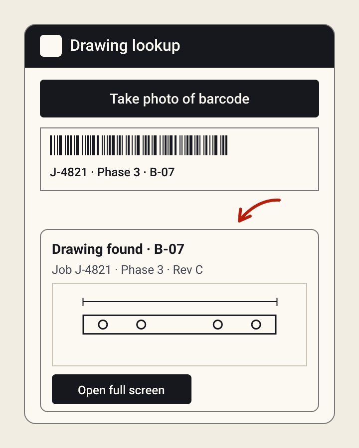 Scan flow: a welder scans a part's barcode and the matching drawing opens.